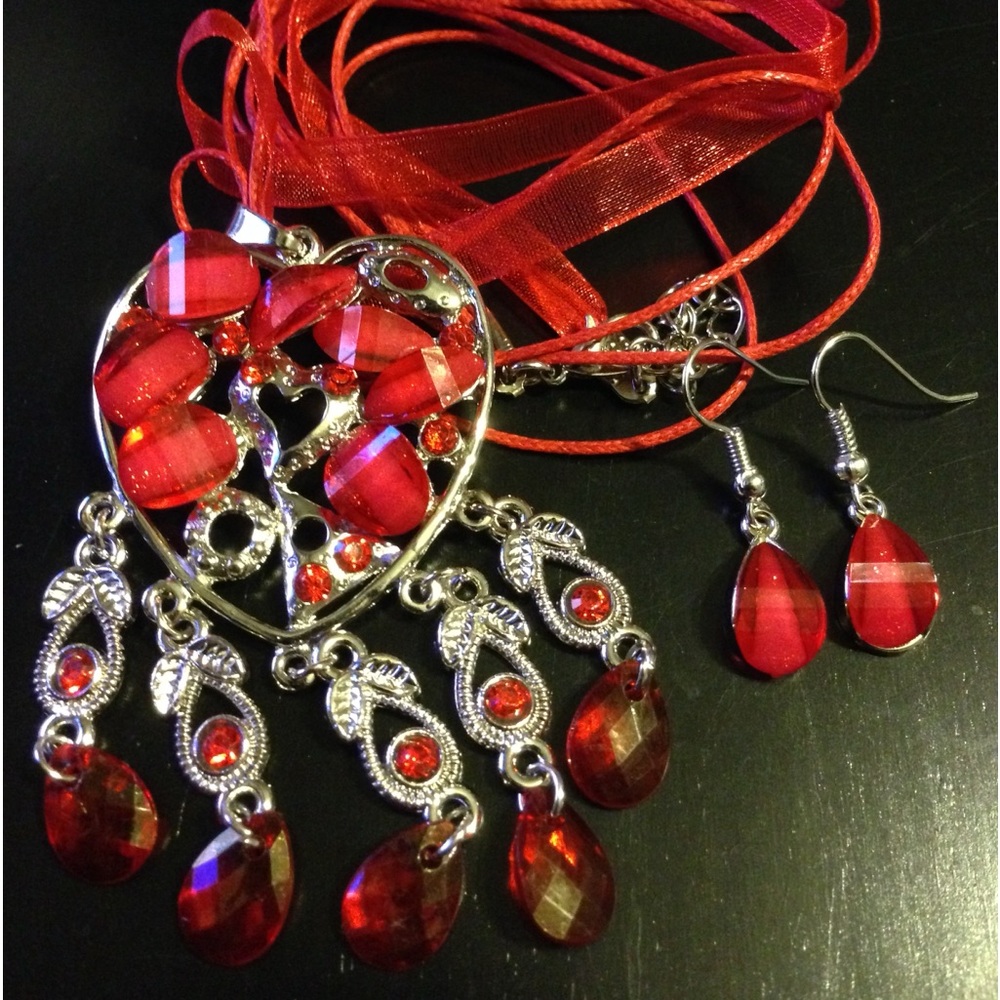 New 3 Piece Red Heart Cord and Chiffon Necklace With Matching Earrings